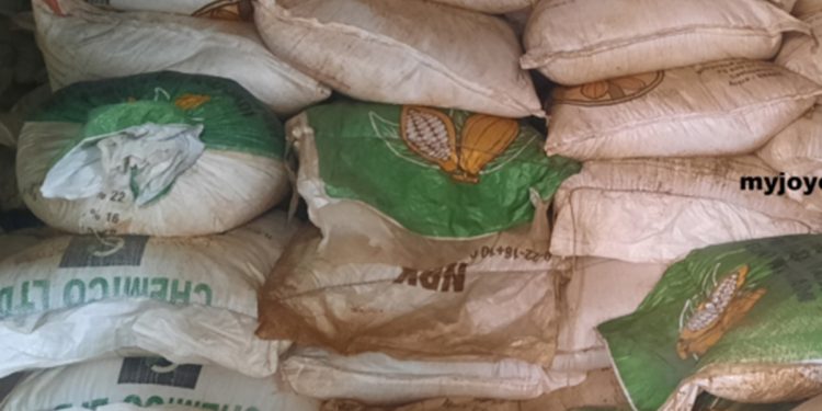 Bags of fertilizer packed in a warehouse